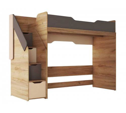 Кровать-чердак Рич 80х200, дуб крафт золотой/миндаль/глиняный серый