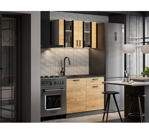 Абрау Кухонный гарнитур прямой 100 см, белый/дуб золотой/черный