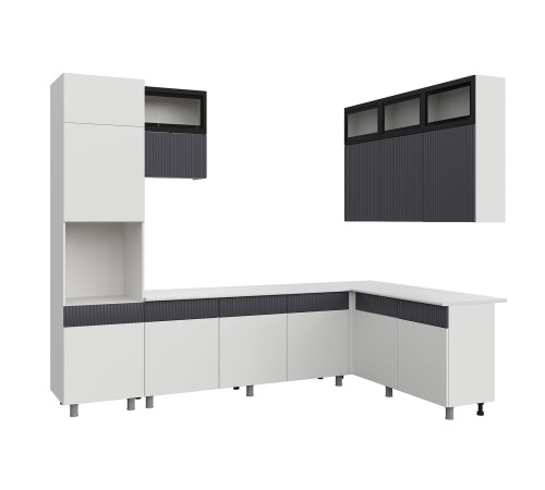 София Кухонный гарнитур угловой 300х180 см, белый/бланж/графит матовый/черный, столешница антарес