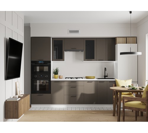 Аурелио Кухонный гарнитур прямой со стеклом 260 см Скрытые «Дорадо», белый/айриш/белый лакобель