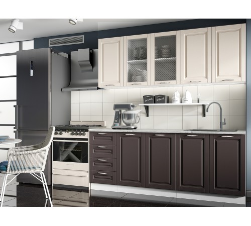 Вита Кухонный гарнитур прямой 200 см, белый/шато крем/шато арабика/стекло/столешница калаката