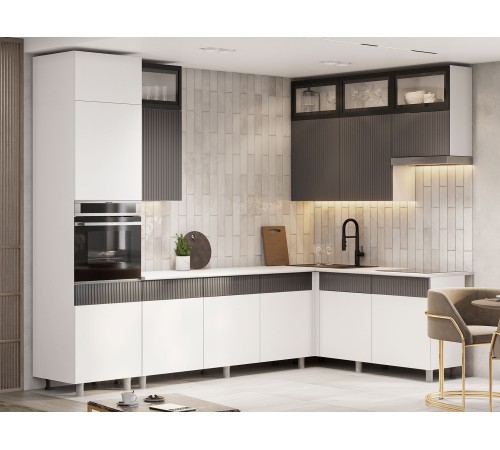 София Кухонный гарнитур угловой 300х180 см, белый/бланж/графит матовый/черный, столешница антарес