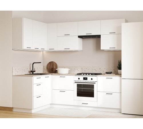 Аурелио Кухонный гарнитур угловой 240х140 см Скрытые «Дорадо», белый/айриш
