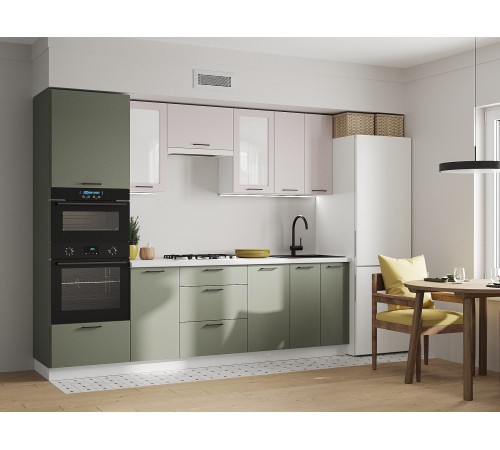 Аурелио Кухонный гарнитур прямой со стеклом 260 см Скрытые «Дорадо», белый/айриш/белый лакобель