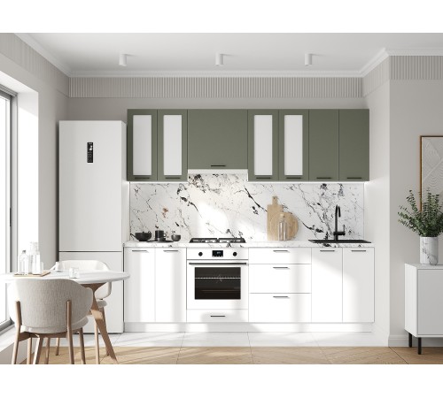 Аурелио Кухонный гарнитур прямой со стеклом 240 см Скрытые «Дорадо», белый/айриш/белый лакобель