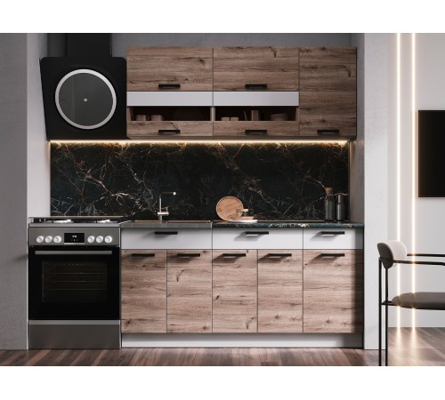 Эра Кухонный гарнитур прямой 160 см, белый шагрень/дуб горный/стекло