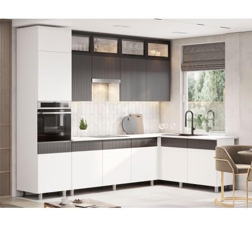 София Кухонный гарнитур угловой 300х180 см, белый/бланж/графит матовый/черный, столешница антарес