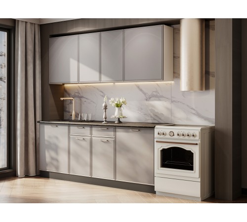 Адель Кухонный гарнитур прямой 200 см, белый/нео, столешница черная