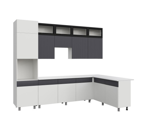 София Кухонный гарнитур угловой 300х180 см, белый/бланж/графит матовый/черный, столешница антарес