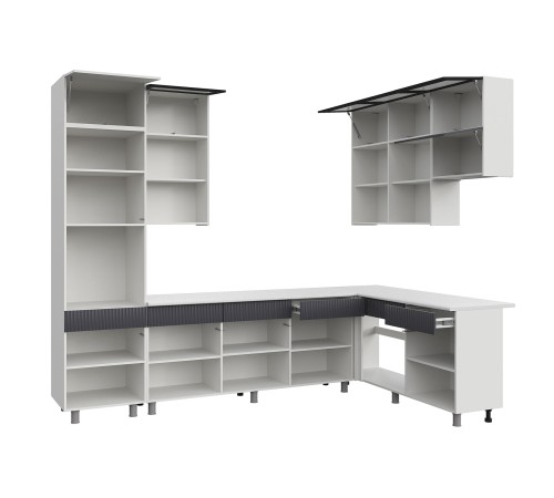 София Кухонный гарнитур угловой 300х180 см, белый/бланж/графит матовый/черный, столешница антарес