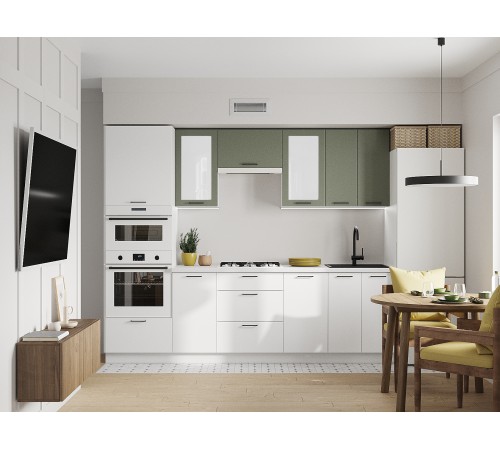 Аурелио Кухонный гарнитур прямой со стеклом 260 см Скрытые «Дорадо», белый/айриш/белый лакобель