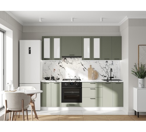 Аурелио Кухонный гарнитур прямой со стеклом 240 см Скрытые «Дорадо», белый/айриш/белый лакобель