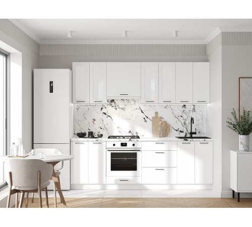 Аурелио Кухонный гарнитур прямой со стеклом 240 см Скрытые «Дорадо», белый/айриш/белый лакобель