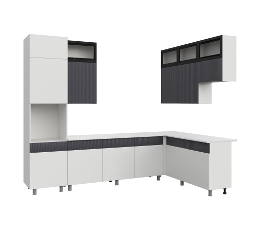 София Кухонный гарнитур угловой 300х180 см, белый/бланж/графит матовый/черный, столешница антарес