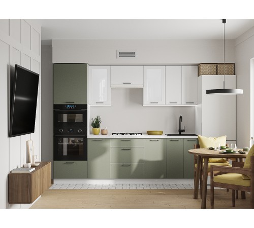 Аурелио Кухонный гарнитур прямой со стеклом 260 см Скрытые «Дорадо», белый/айриш/белый лакобель