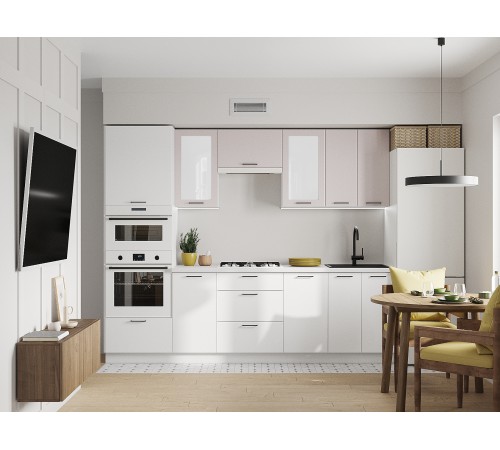 Аурелио Кухонный гарнитур прямой со стеклом 260 см Скрытые «Дорадо», белый/айриш/белый лакобель