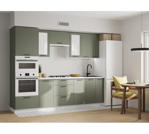 Аурелио Кухонный гарнитур прямой со стеклом 260 см Скрытые «Дорадо», белый/айриш/белый лакобель