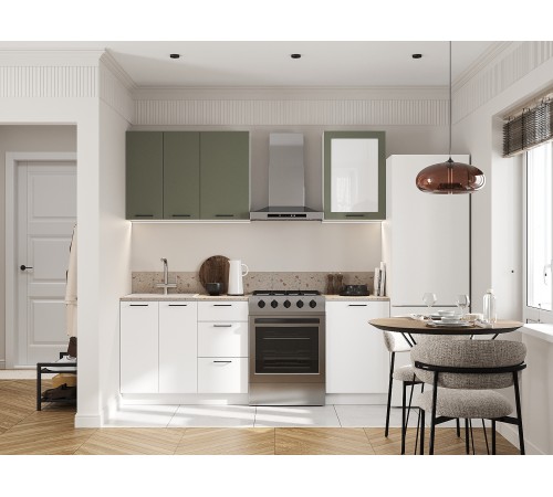 Аурелио Кухонный гарнитур прямой со стеклом 150 см Скрытые «Дорадо», белый/айриш/белый лакобель