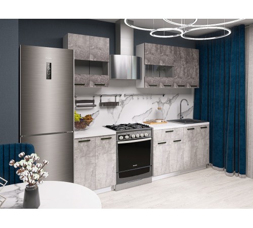 Модус Кухонный гарнитур прямой со стеклом 180 см, белый/цемент темный/цемент светлый