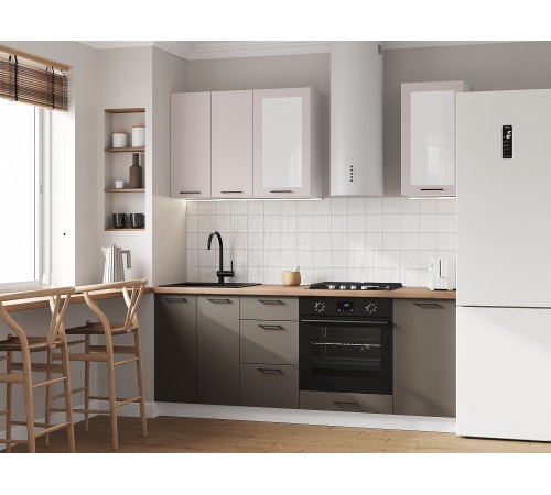 Аурелио Кухонный гарнитур прямой со стеклом 200 см Скрытые «Дорадо», белый/айриш/белый лакобель