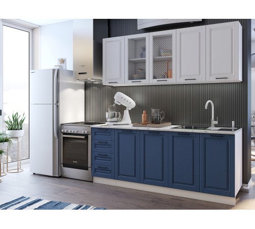 Вита Кухонный гарнитур прямой 200 см, белый/шато белый/шато индиго/стекло/столешница калаката