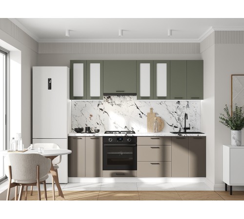 Аурелио Кухонный гарнитур прямой со стеклом 240 см Скрытые «Дорадо», белый/айриш/белый лакобель