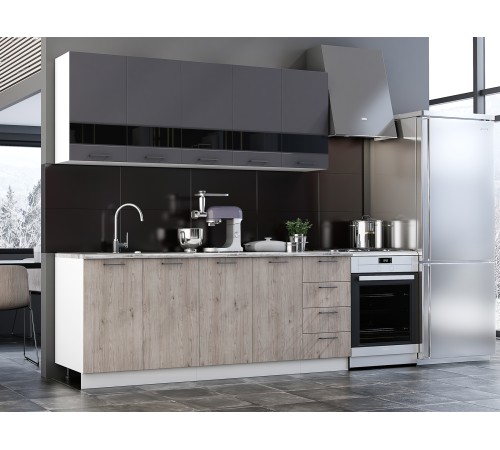 Астра Кухонный гарнитур прямой 200 см, белый/графит софт/дуб галиано/стекло/столешница калаката