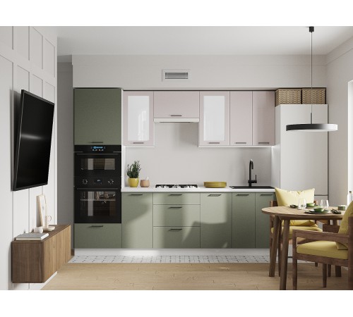 Аурелио Кухонный гарнитур прямой со стеклом 260 см Скрытые «Дорадо», белый/айриш/белый лакобель