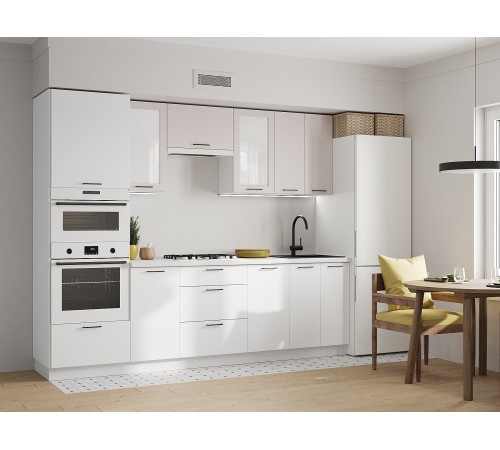 Аурелио Кухонный гарнитур прямой со стеклом 260 см Скрытые «Дорадо», белый/айриш/белый лакобель