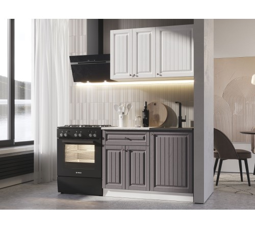 Хозяюшка Кухонный гарнитур прямой 110 см, белый гладкий/акация белая/трюфель/столешница калаката