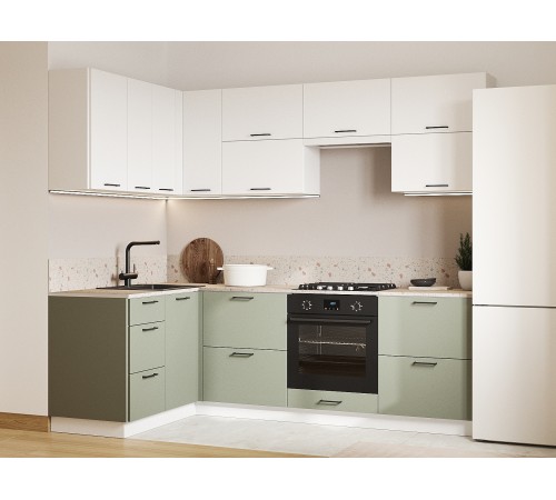 Аурелио Кухонный гарнитур угловой 240х140 см Скрытые «Дорадо», белый/айриш