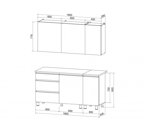 Денвер Кухонный гарнитур прямой 160 см, графит серый / дуб сонома