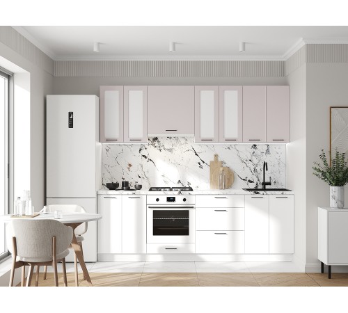 Аурелио Кухонный гарнитур прямой со стеклом 240 см Скрытые «Дорадо», белый/айриш/белый лакобель