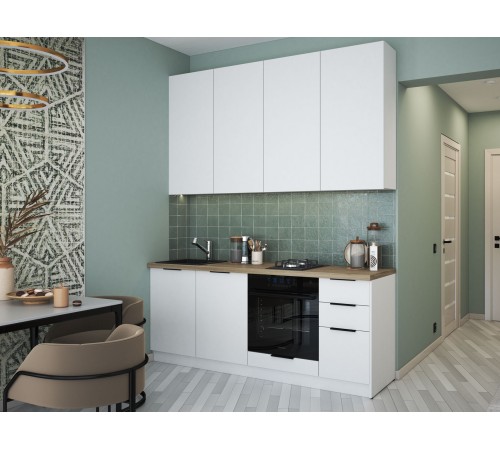 Нома Кухонный гарнитур прямой 200 см, белая Шагрень/дуб Кера