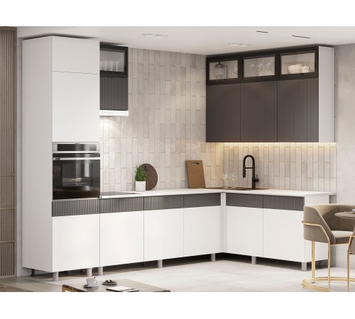 София Кухонный гарнитур угловой 300х180 см, белый/бланж/графит матовый/черный, столешница антарес