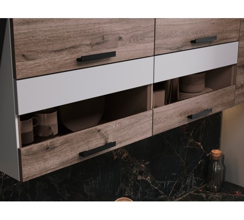 Эра Кухонный гарнитур прямой 160 см, белый шагрень/дуб горный/стекло