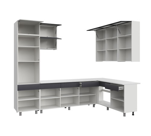 София Кухонный гарнитур угловой 300х180 см, белый/бланж/графит матовый/черный, столешница антарес