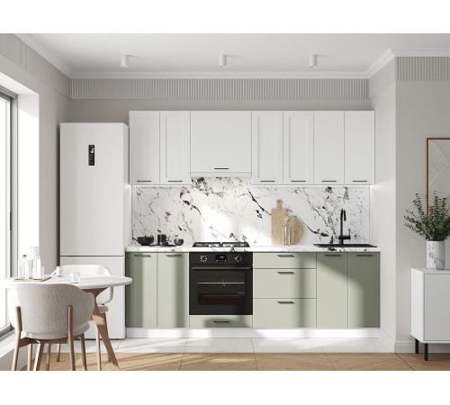 Аурелио Кухонный гарнитур прямой со стеклом 240 см Скрытые «Дорадо», белый/айриш/белый лакобель