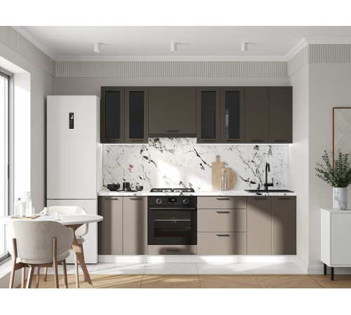 Аурелио Кухонный гарнитур прямой со стеклом 240 см Скрытые «Дорадо», белый/айриш/белый лакобель