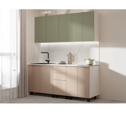 Шарли Кухонный гарнитур прямой 180 см, белый/эвкалипт софт/мокко/столешница Антарес