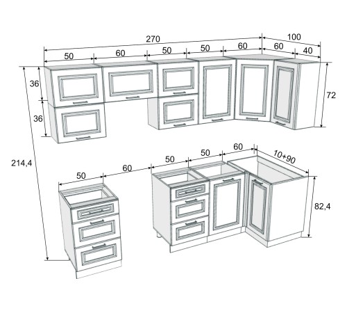 Грейвуд Кухонный гарнитур угловой 270 х 100 см, белый/арктик Грейвуд Кухонный гарнитур угловой 270 х 100 см, белый/арктик
