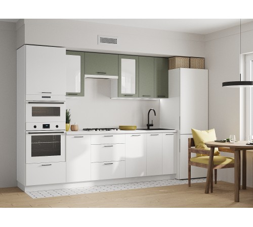 Аурелио Кухонный гарнитур прямой со стеклом 260 см Скрытые «Дорадо», белый/айриш/белый лакобель