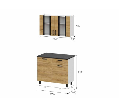 Абрау Кухонный гарнитур прямой 100 см, белый/дуб золотой/черный