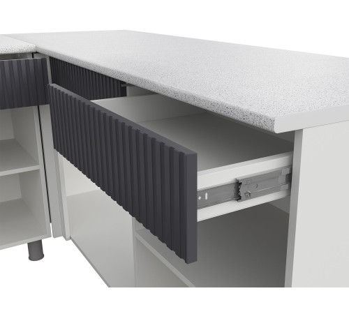 София Кухонный гарнитур угловой 300х180 см, белый/бланж/графит матовый/черный, столешница антарес