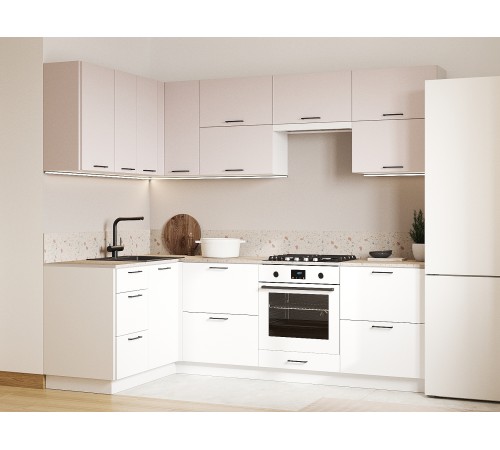 Аурелио Кухонный гарнитур угловой 240х140 см Скрытые «Дорадо», белый/айриш