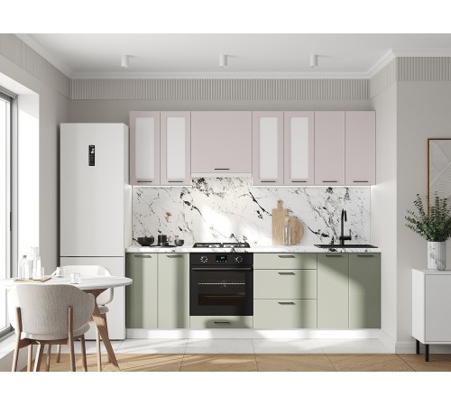 Аурелио Кухонный гарнитур прямой со стеклом 240 см Скрытые «Дорадо», белый/айриш/белый лакобель
