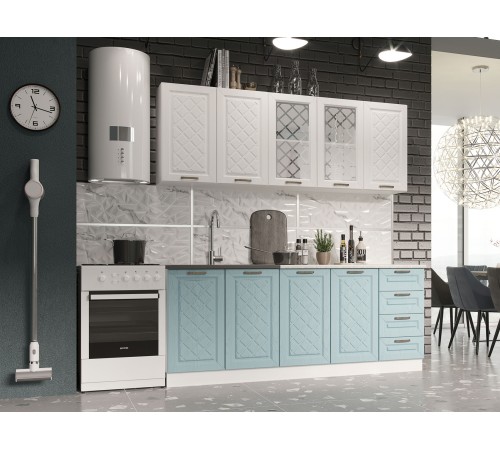 Кухонный гарнитур Агава 200 см, акация белая/аква/столешница калаката