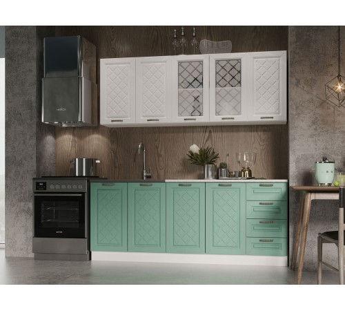 Кухонный гарнитур Агава 200 см, акация белая/мята/столешница калаката