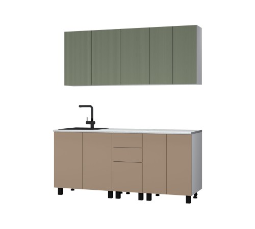 Шарли Кухонный гарнитур прямой 180 см, белый/эвкалипт софт/мокко/столешница Антарес