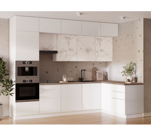 Шарли Кухонный гарнитур угловой 300х165 см, белый/белый глянец/мрамор золотой/столешница Антарес